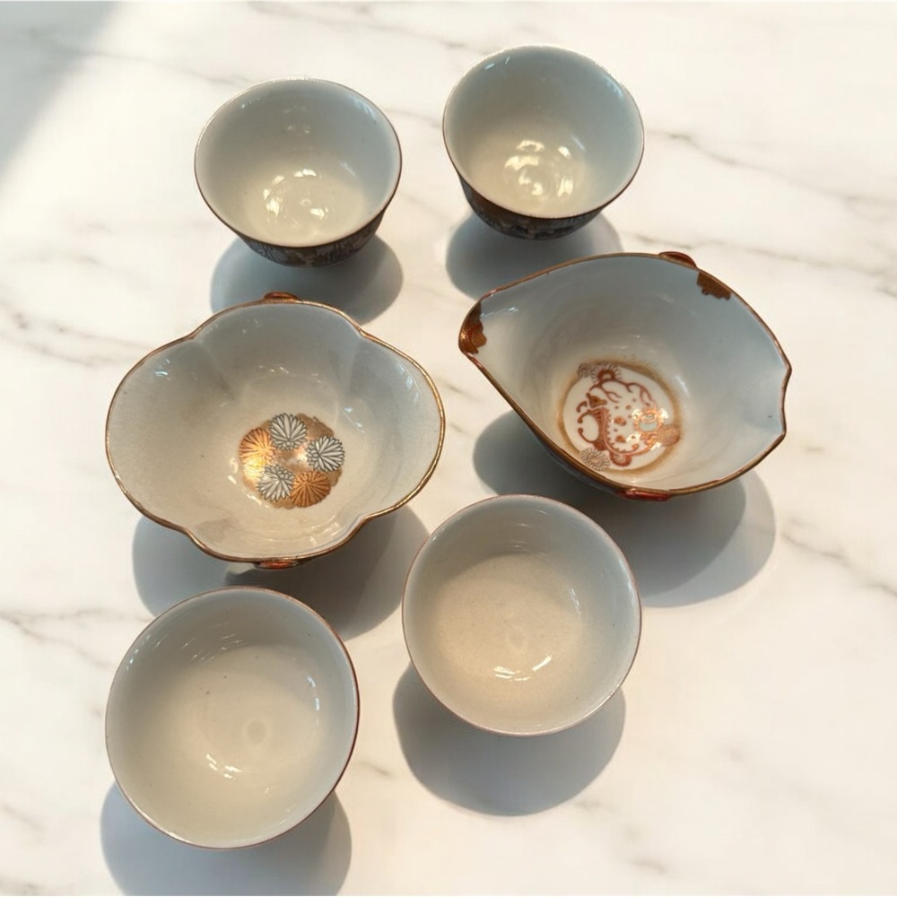 Japanese Kutani Tea Pourer Bowl With Set of  Decorative Ceramic Tea Cups Vintage - Picture 2 of 9